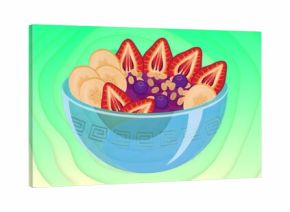 Sitting blue Greek key bowl showing banana slices strawberries blueberries granola in mint gradient