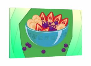 Displaying blue ceramic bowl holding strawberries, bananas, blueberries, granola on green plane