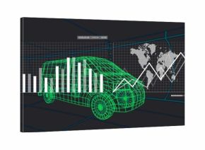 Floating green wireframe van in simulation chamber showing white bar chart and world map line graph