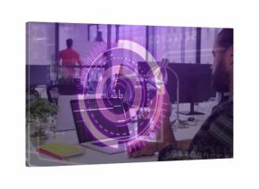 Holding smartphone, developer coding on laptop in modern office with digital overlay, copy space