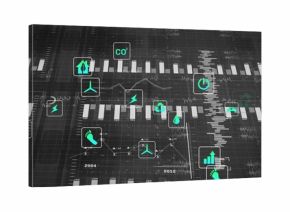 Displaying dashboard plotting bar and line on large monitor, with green CO? and wind turbine icons