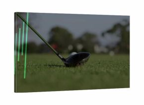 Resting golf driver head and golf ball on tee on fairway, with translucent green bar chart