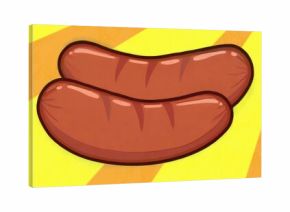 Displaying two grilled sausages lying on yellow backdrop, with radiant orange sunburst stripes