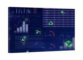 Displaying navy-blue data HUD presenting vertical bar charts, line plots, gauges, neon green icons