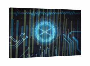 Glowing central circular HUD rotating inside cyber dashboard, showing bar chart and traces