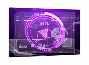 Animating glowing purple HUD interface in virtual dashboard, showing triangular chart, globe, 2275