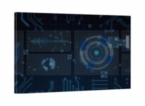 Displaying central concentric HUD pulsing over dark grid dashboard, showing waveform globe charts