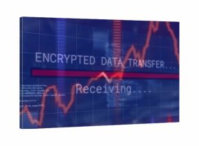 Displaying central progress showing ENCRYPTED DATA TRANSFER receiving on screen with red bar wave