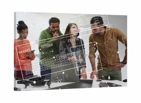 Reviewing team of six inspecting table in office, wearing jackets, with drone, laptop and overlays