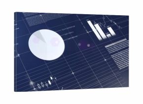 Displaying large pale pie chart left of center on dark-blue dashboard, showing bar and candlesticks