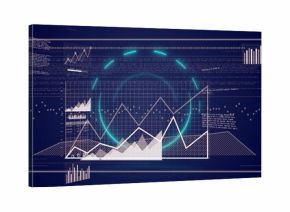 Showing futuristic dashboard with grid, line, area and bar charts on navy glowing cyan rings