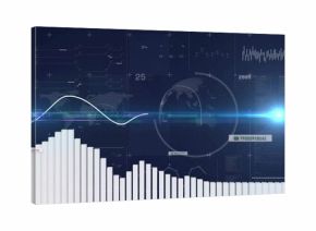 Displaying white vertical bar chart dominating virtual dashboard, showing sine curve and teal flare