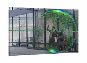 Holding smartphone, four coworkers viewing phone behind glass in atrium with glitch, copy space