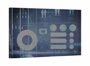 Projecting transparent infographic on high-rise office glass, with donut chart, bar charts, avatars