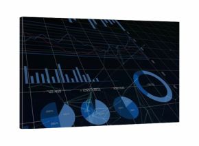 Displaying digital dashboard on tilted grid, showing bar and line charts, donut chart