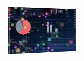 Displaying analytics dashboard cluster running on screen, showing pie charts, bar and line graphs