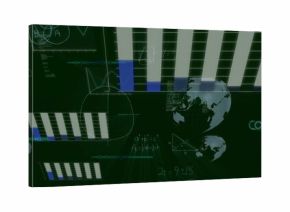 Displaying large vertical bar chart occupying center on green dashboard, showing globes, equations