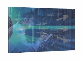 Working Korean technician adjusting cables at server racks, holding tablet in white shirt, glasses