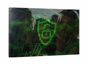 Cheering six friends wearing wristbands leaning in at club, with neon-green shield overlay