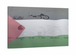 Displaying translucent tricolor flag overlaying data panel, pie, line, bar charts, € numbers