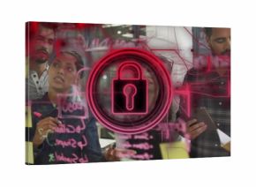 Pointing marker, woman in dark denim jacket and team sketching security on glass with neon padlock