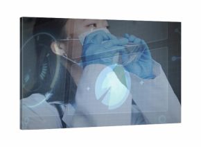 Adjusting Korean doctor in white lab coat, stethoscope and blue gloves, fitting mask in clinic HUD