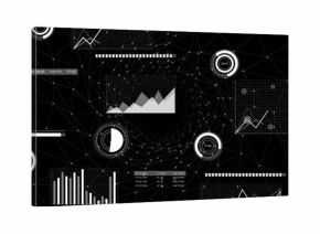 Displaying data dashboard and node mesh on dark canvas, showing area, line, bar charts and gauges