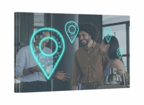 Standing three coworkers in business casual, laughing, holding coffee mug in office, cyan AR pins