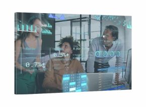 Pointing and reviewing AR overlays over laptop and monitor in open office, team in business clothes