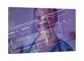 Smiling Indian clinician wearing blue scrubs and stethoscope viewing AR data panels over ward beds