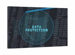 Showing shield saying DATA PROTECTION on monitor showing code logs, ERRORs, cyan bar, rings