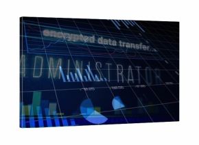 Projecting holographic ADMINISTRATOR dashboard over 3D grid plane, showing neon bar and line charts