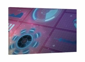 Displaying radial HUD left-center on holo grid showing radar, bar and line charts, globe, waveform