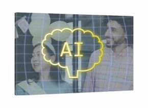 Standing together duo smiling with sash and plaid shirt in hall, balloons, pennant, AI brain grid