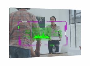 Presenting business presenter holding tablet, smiling and addressing team in office with AR HUD