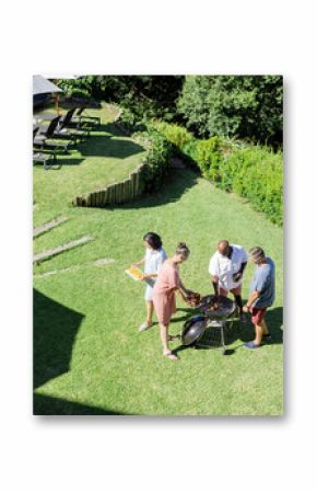 Grilling and socializing, Senior Friends having barbecue in sunny backyard together