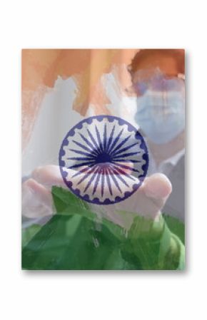 Composition of businessman wearing face mask disinfecting his hands in office over indian flag