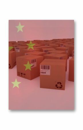 Image of chinese flag waving over cardboard boxes in background
