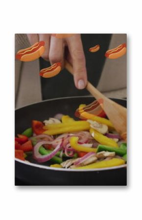 Image of hot dogs icons with senior caucasian couple cooking