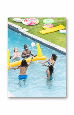 Diverse group of friends enjoy a game of volleyball in a pool, surrounded by colorful inflatables