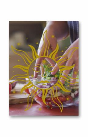 Image of sun icon over hands making healthy salad