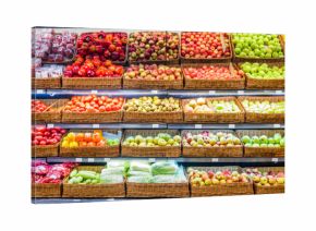 Fresh fruits and vegetables on shelf in supermarket