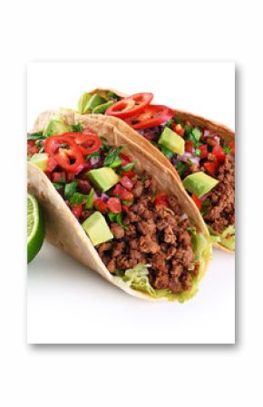 Mexican tacos with beef, tomatoes, avocado, chilli and onions isolated on white background.