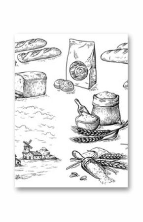 collection of natural elements of bread and flour mill sketch vector illustration