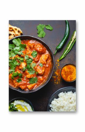 Traditional Indian dish Chicken tikka masala with spicy curry meat in bowl, basmati rice, bread naan, yoghurt raita sauce on rustic dark background, top view, close up. Indian style dinner from above
