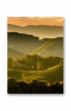Krajobraz winnic południowej styrii, w pobliżu Gamlitz, Austria, Eckberg, Europa. Wzgórza winogron widok z drogi wina na wiosnę. Miejscowość turystyczna, panorama