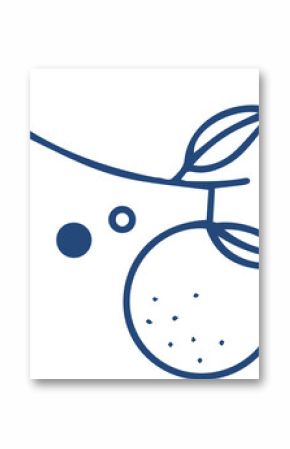 Line drawing citrus fruits are hanging from branch with leaves and circles on transparent backdrop