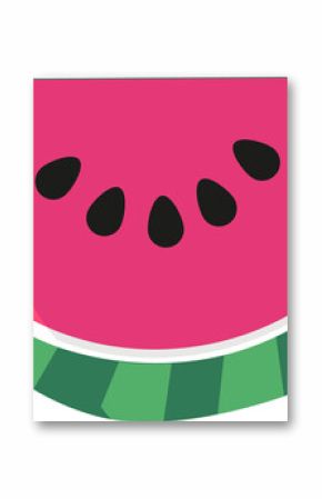 Half watermelon slice is being shown in flat design with seeds, green rind, transparent background