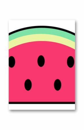 Flat design watermelon slice is floating on transparent background, showing pink flesh, seeds, rind