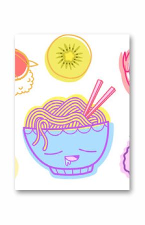 Flat vector ramen, shrimp, sushi, dumpling, rice ball, kiwi are floating on transparent background